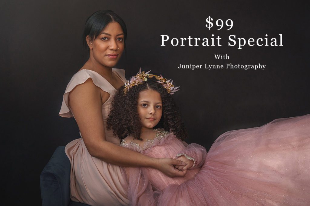black mother and daughter sitting on lounge together in pink princess dress for juniper lynne photography in port orchard washington